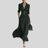 Elvira - Long Pleated Dress with Lapel and High Waist