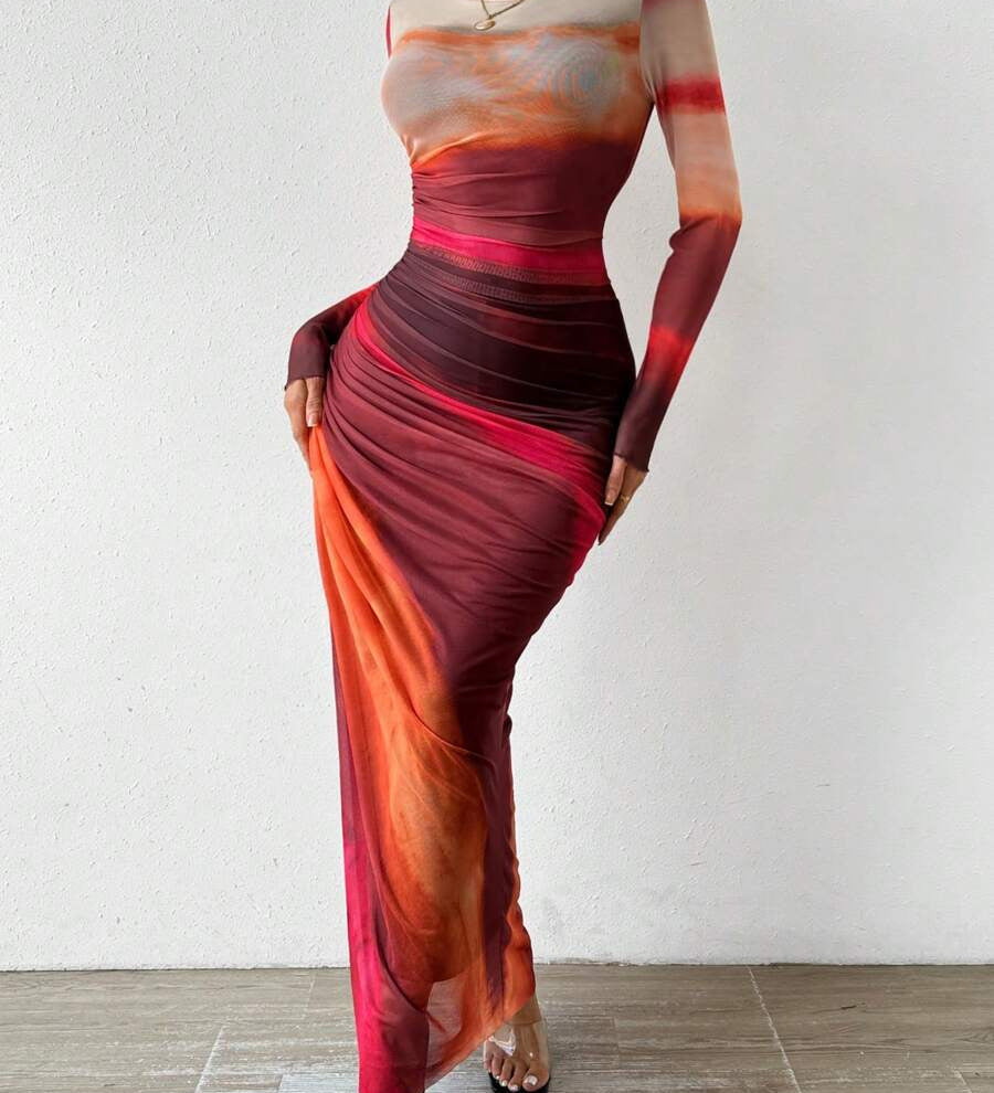 Natalia | Comfortable Long Sleeve Printed Maxi Bodycon Dress