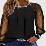 Elegant Floral Blouse with Tulle Sleeves and Strass Accents