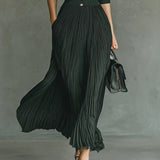 Elvira - Long Pleated Dress with Lapel and High Waist