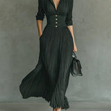 Elvira - Long Pleated Dress with Lapel and High Waist