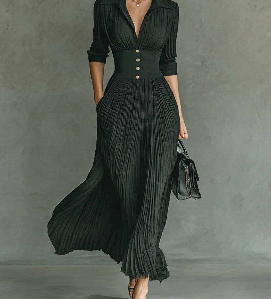 Elvira - Long Pleated Dress with Lapel and High Waist